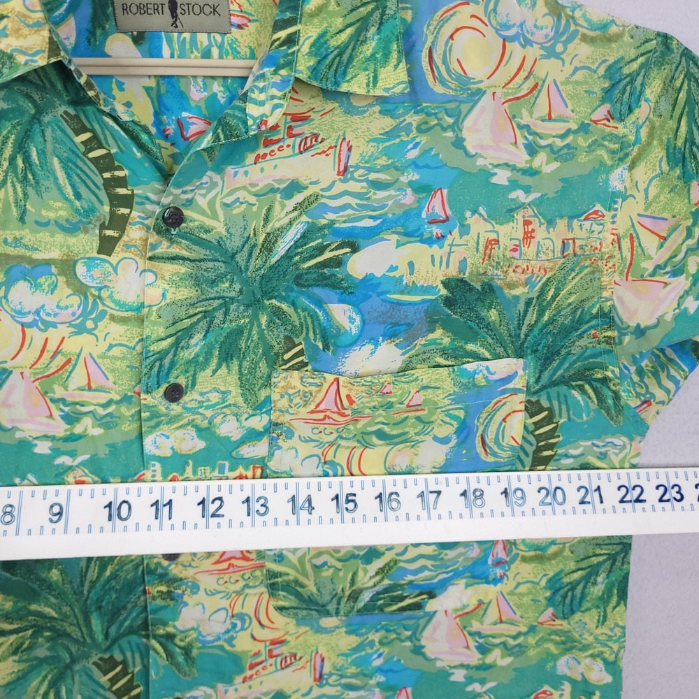Robert Stock Shirt Mens Large Green Tropical Palm Tree Sailboat Button Front - Picture 5 of 13